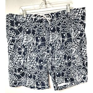 St Johns Bay Swim Trunks Navy/White Floral Print Drawstring Elastic Waist   XXL